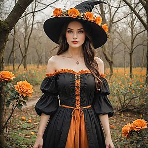 Elegant Witch in Orange Roses