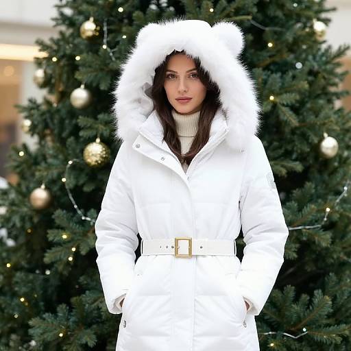 Woman in White Winter Coat with Fur Hood by Christmas Tree