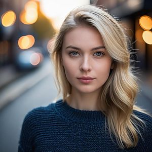 Close-Up Portrait of Blonde Woman on Urban Street with Evening Bokeh Lights