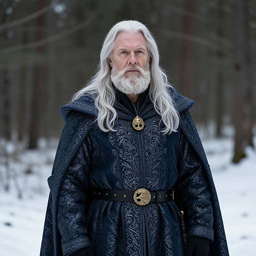 Elderly Man in Medieval Blue Cloak Standing in Snowy Forest