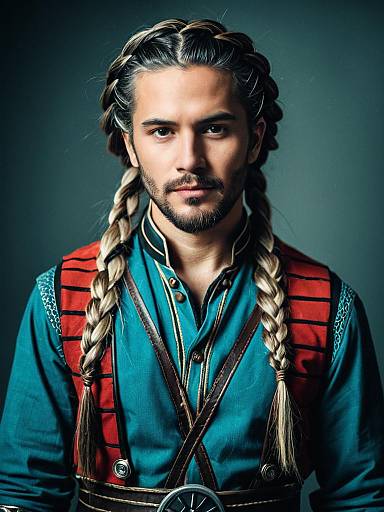 Man with Braided Hairstyle in Professional Cosplay Costume Studio Portrait