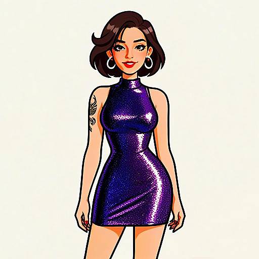 Stylish Woman in Shimmering Purple Party Dress Illustration