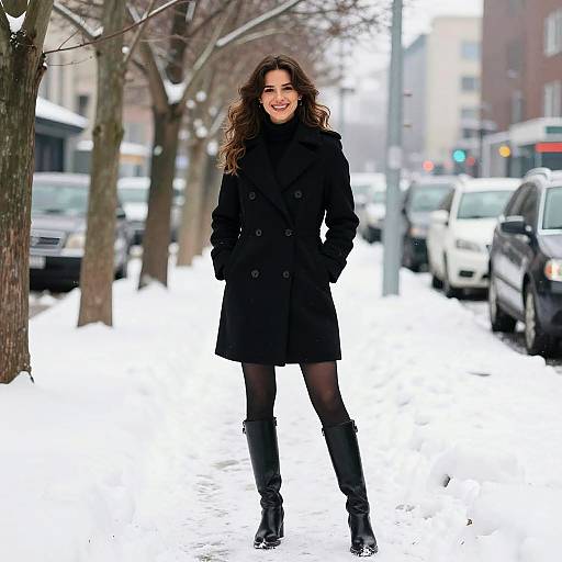 Fashionable Woman in Black Coat and Boots on Snowy City Sidewalk