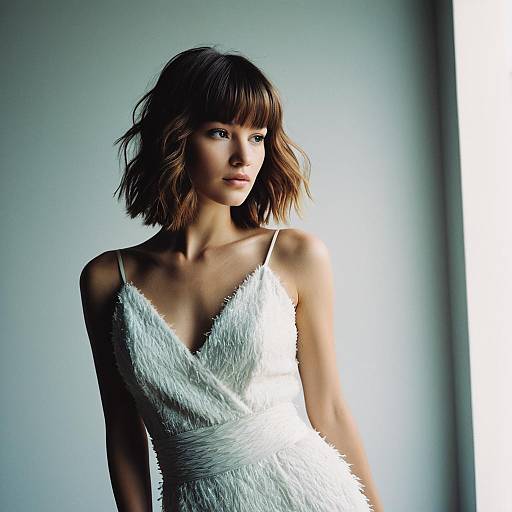 Elegant Woman in White Textured Dress by Window