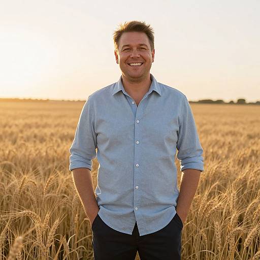Smiling Man Standing in Wheat Field at Golden Hour