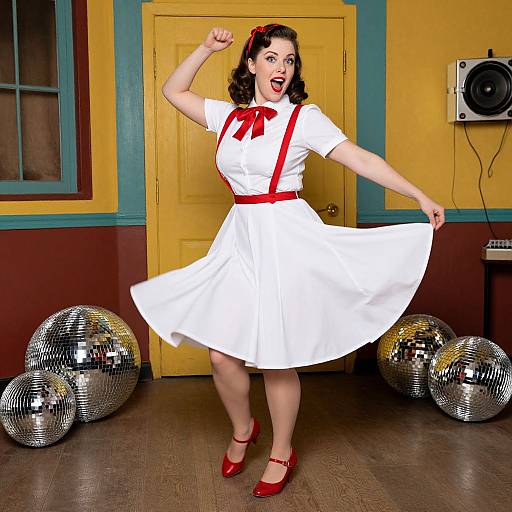 Retro 1950s Woman Dancing in White Dress with Red Accents and Disco Balls