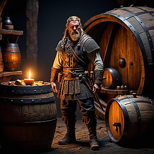 Medieval Warrior in Candlelit Cellar