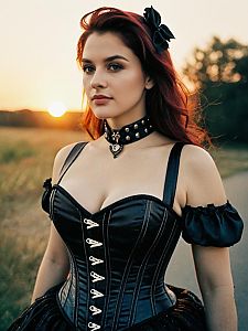 Woman in Black Corset Bustier Costume Outdoor Cosplay Portrait at Sunset