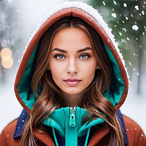 Young Woman in Winter Coat with Snowfall