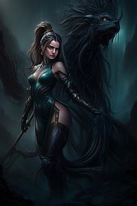 Powerful Woman in Dark Armor with Mythical Creature