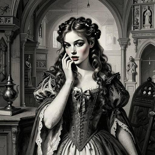 Victorian-Style Woman in Ornate Gown in Classical Interior Illustration