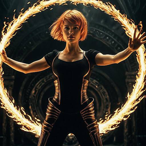 Futuristic Woman Conjuring Fire Ring in Fantasy Setting