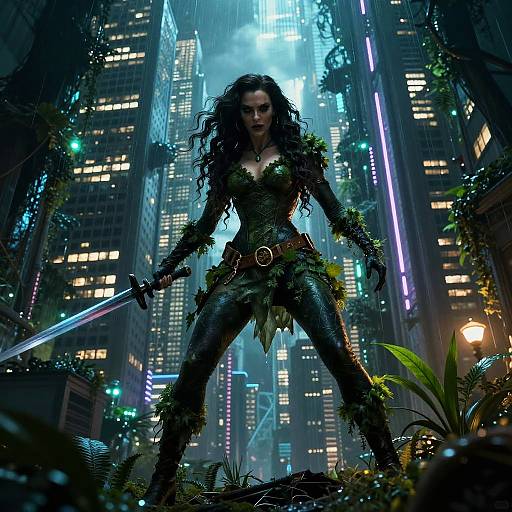 Fierce Woman Warrior in Cyberpunk Cityscape with Sword