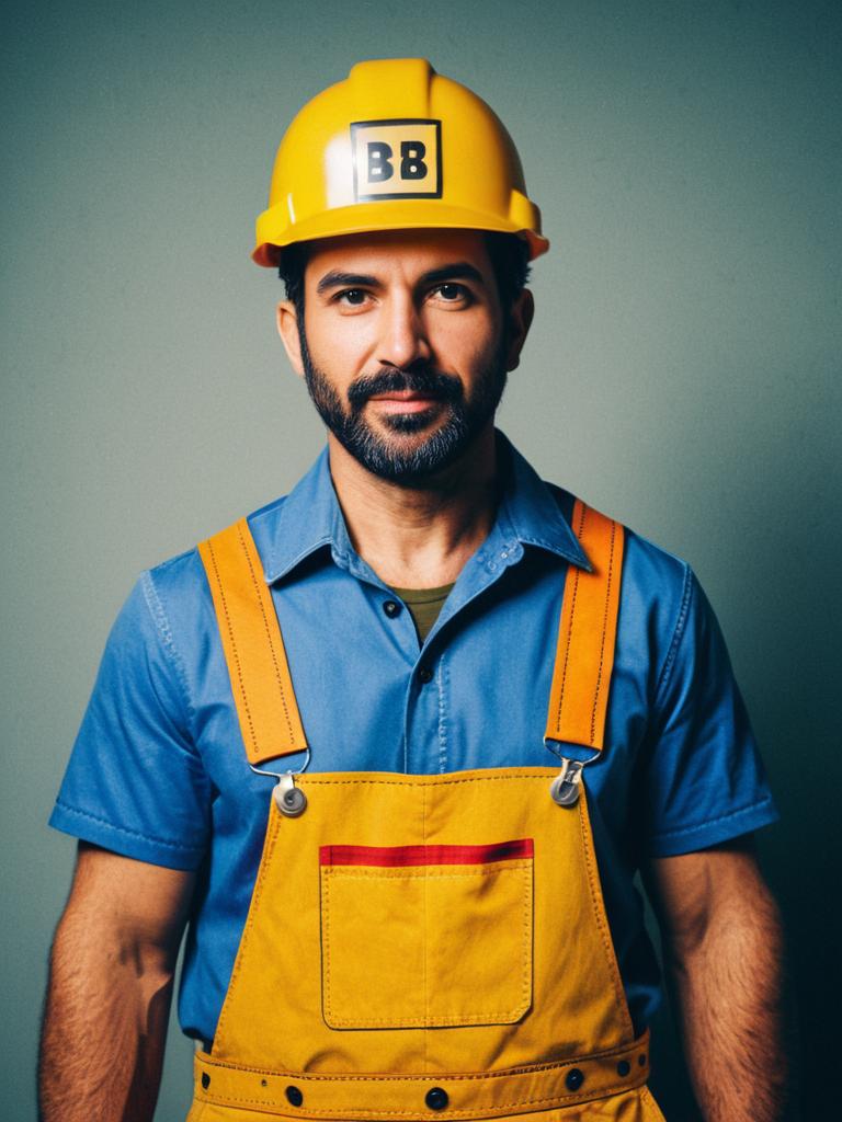 Man in Bob Builder Costume Waist Up Editorial Portrait Photorealistic