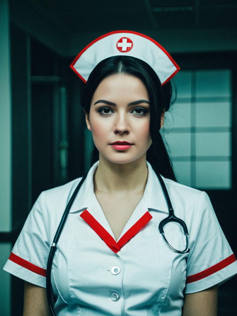 Woman in Nurse Costume with Stethoscope Cinematic Realism