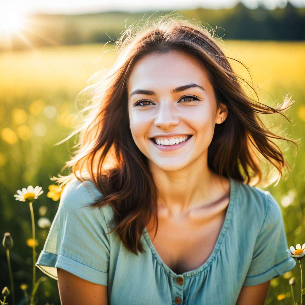 Young woman in sunlit meadow with wildflowers