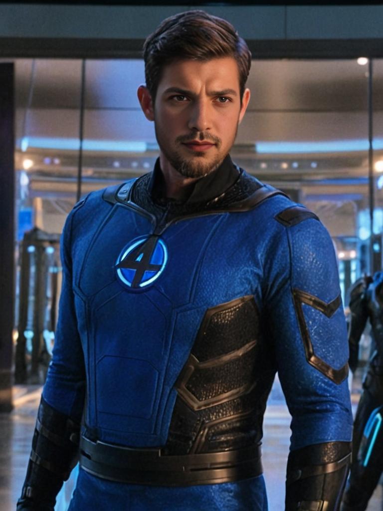 Man in Mr. Fantastic Costume with 4 Emblem