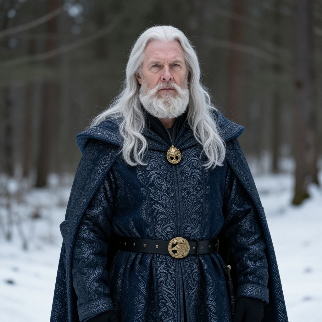 Elderly Man in Medieval Blue Cloak Standing in Snowy Forest