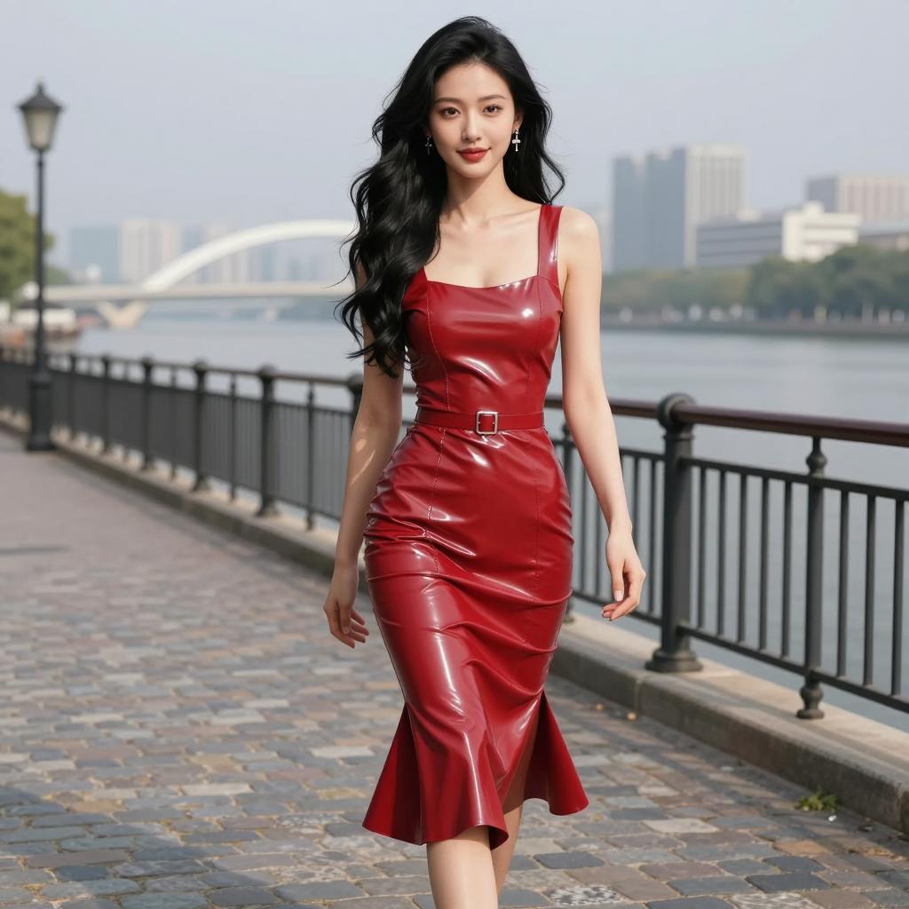 Stylish Young Woman in Red Leather Dress Walking by Riverside Promenade