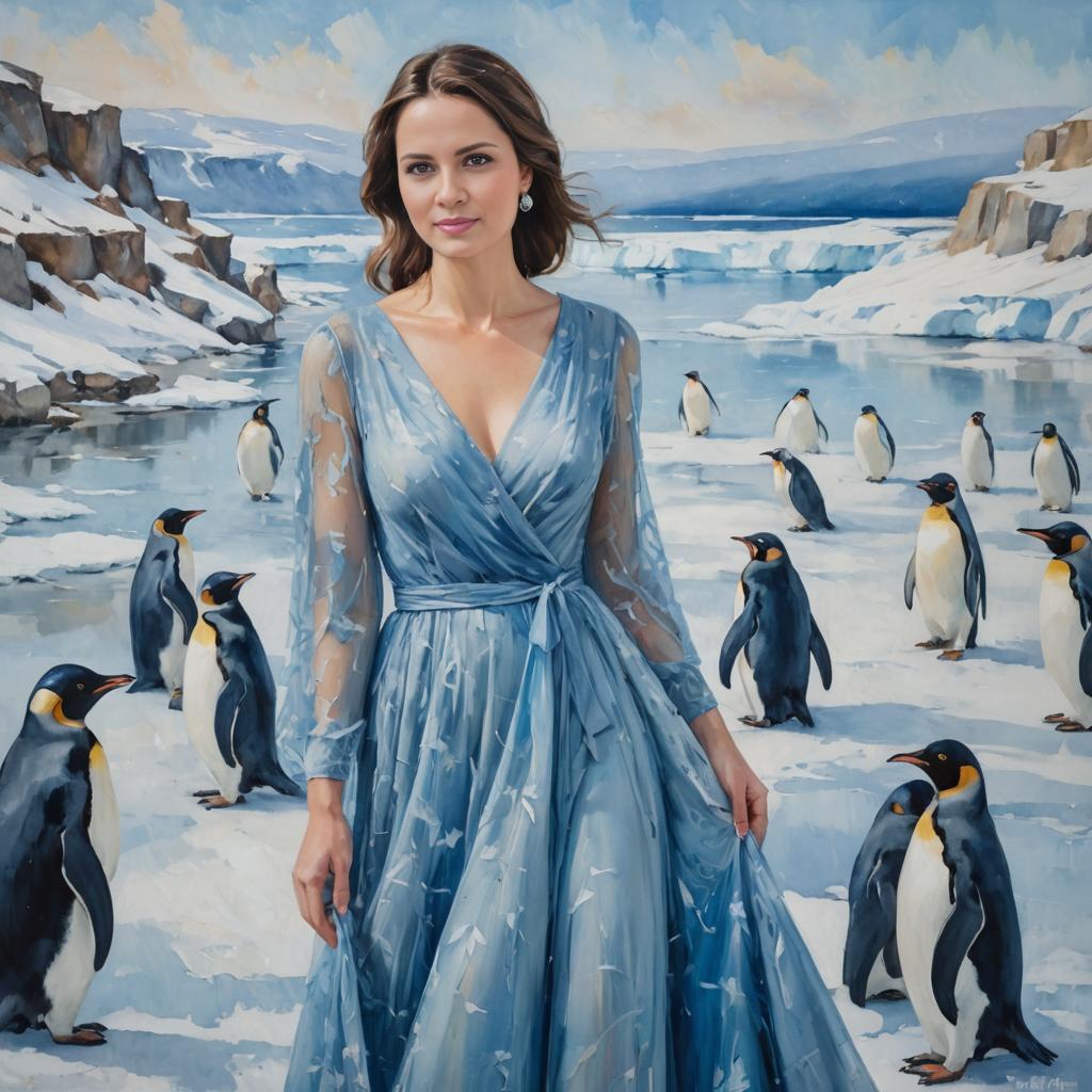 Elegant Woman in Blue Dress with Playful Penguins in Winter Landscape