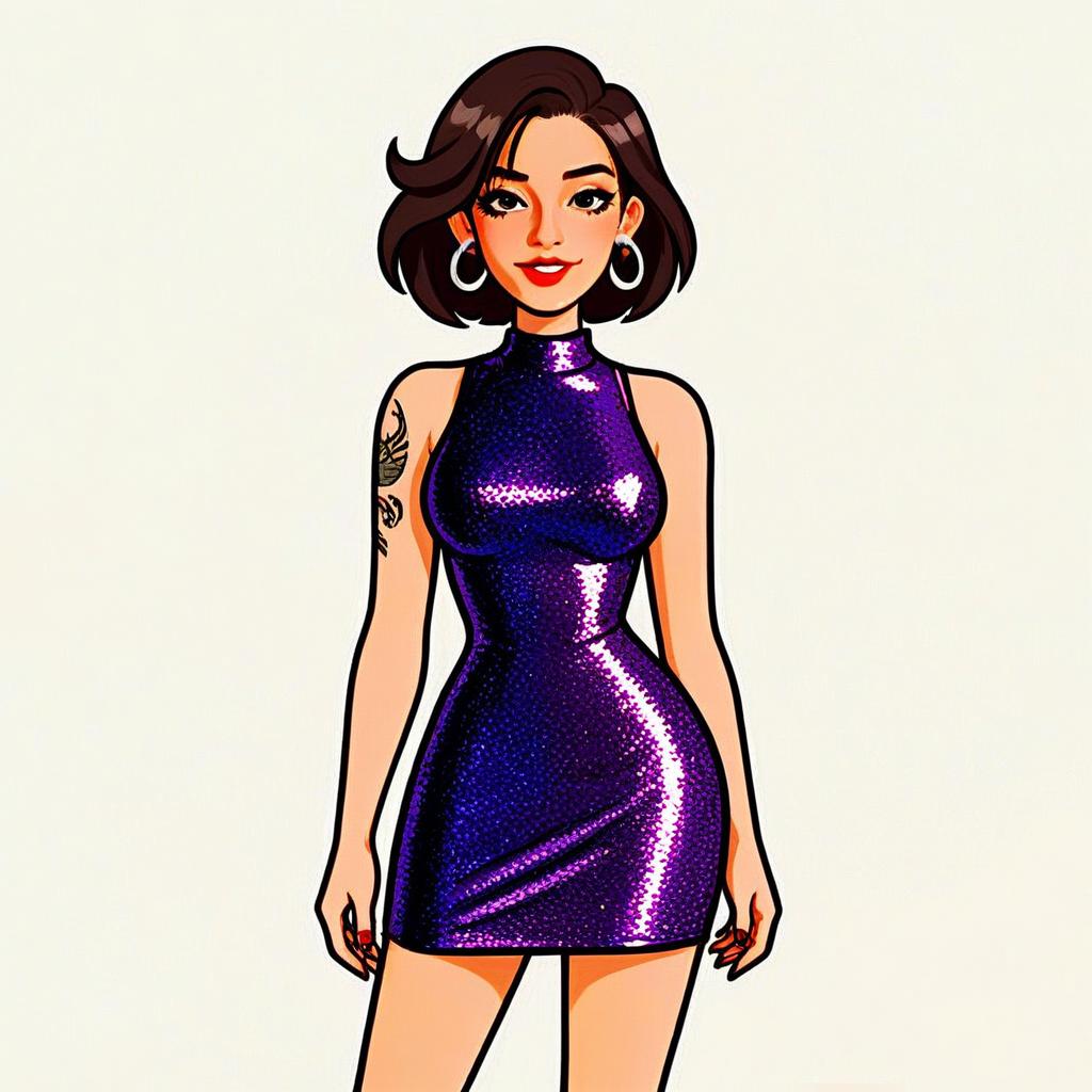 Stylish Woman in Shimmering Purple Party Dress Illustration