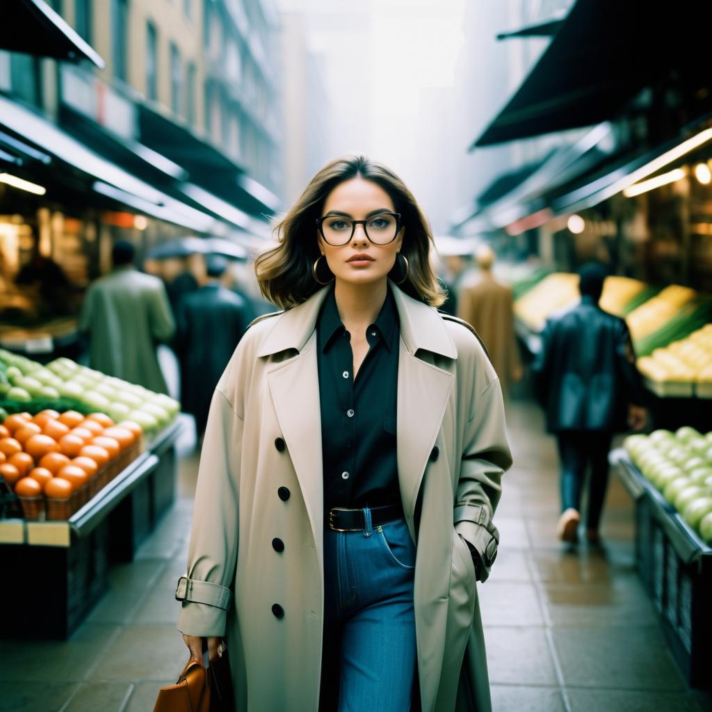 Stylish Woman in Trench Coat at Marketplace