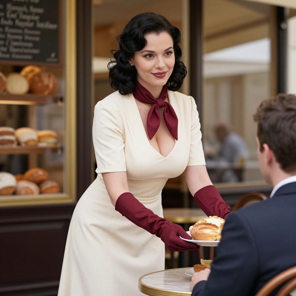 Vintage 1950s Woman Serving Pastry at Outdoor Cafe