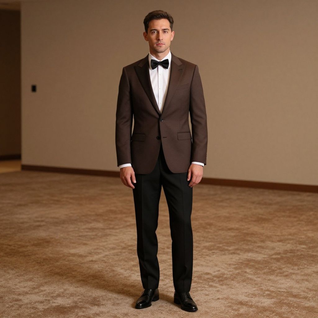 Man Wearing Brown Tuxedo Jacket and Black Bow Tie Standing Indoors