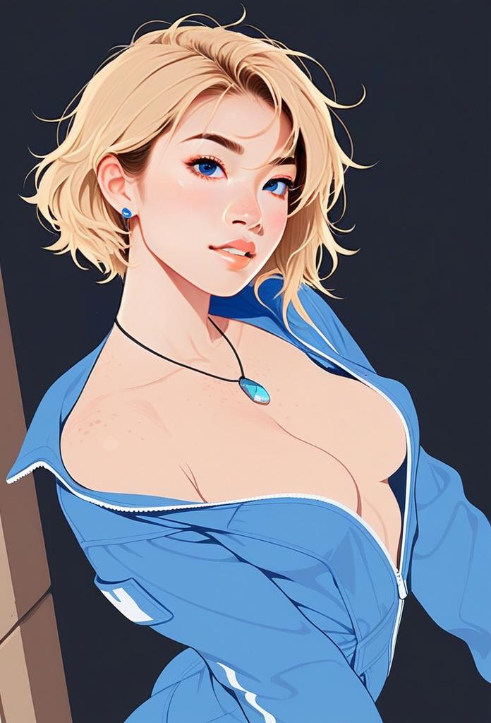 Portrait of Blonde Woman in Blue Jacket Digital Anime Art