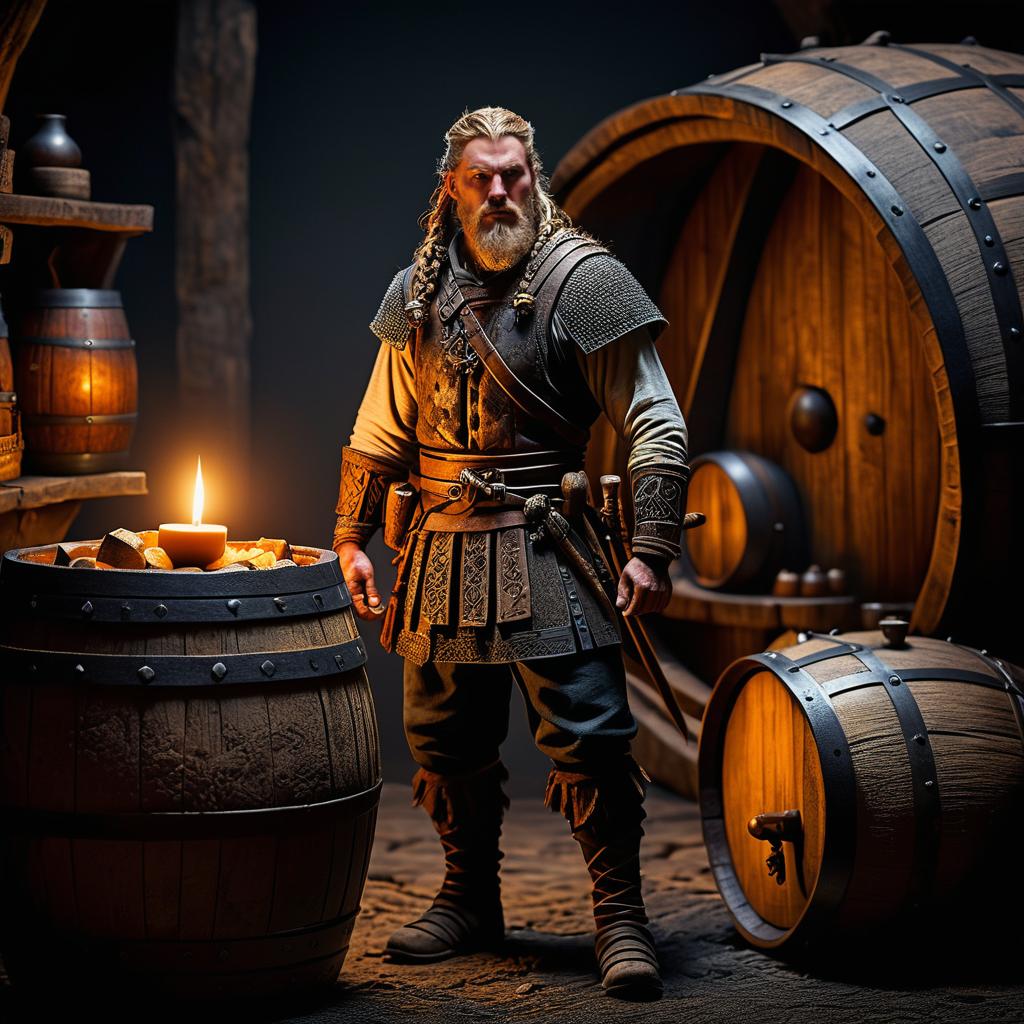Medieval Warrior in Candlelit Cellar