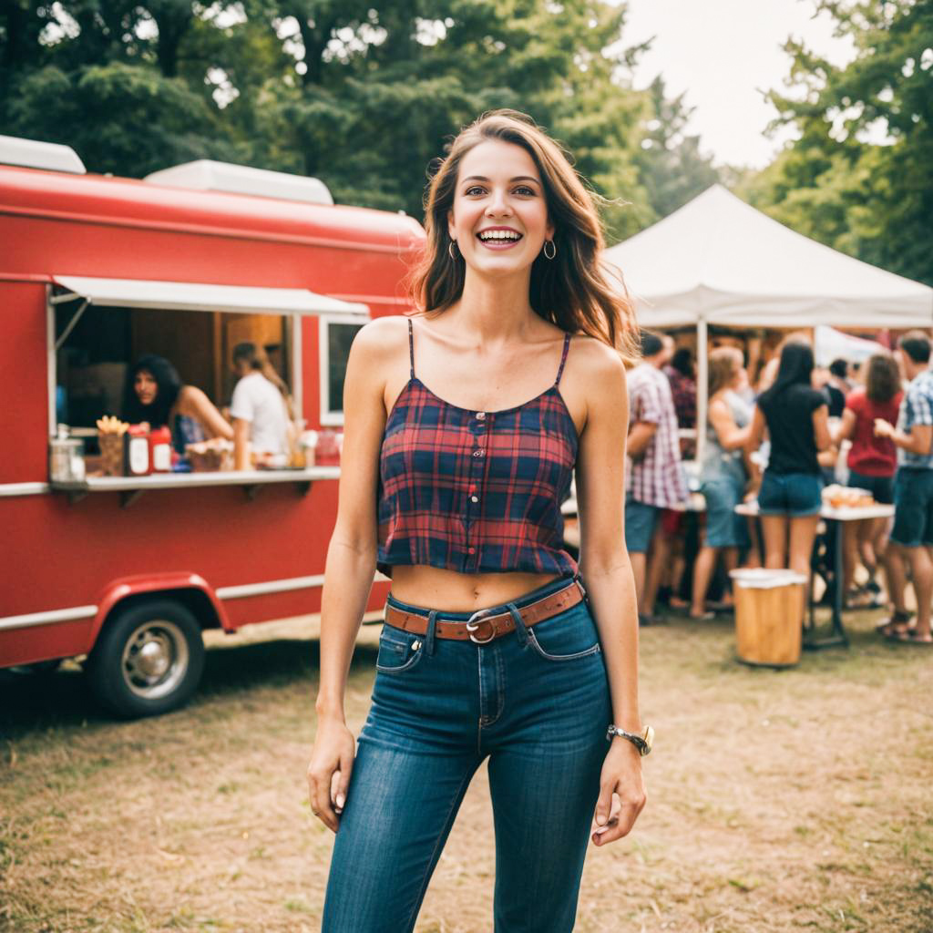 Cheerful woman at vibrant food truck in summer