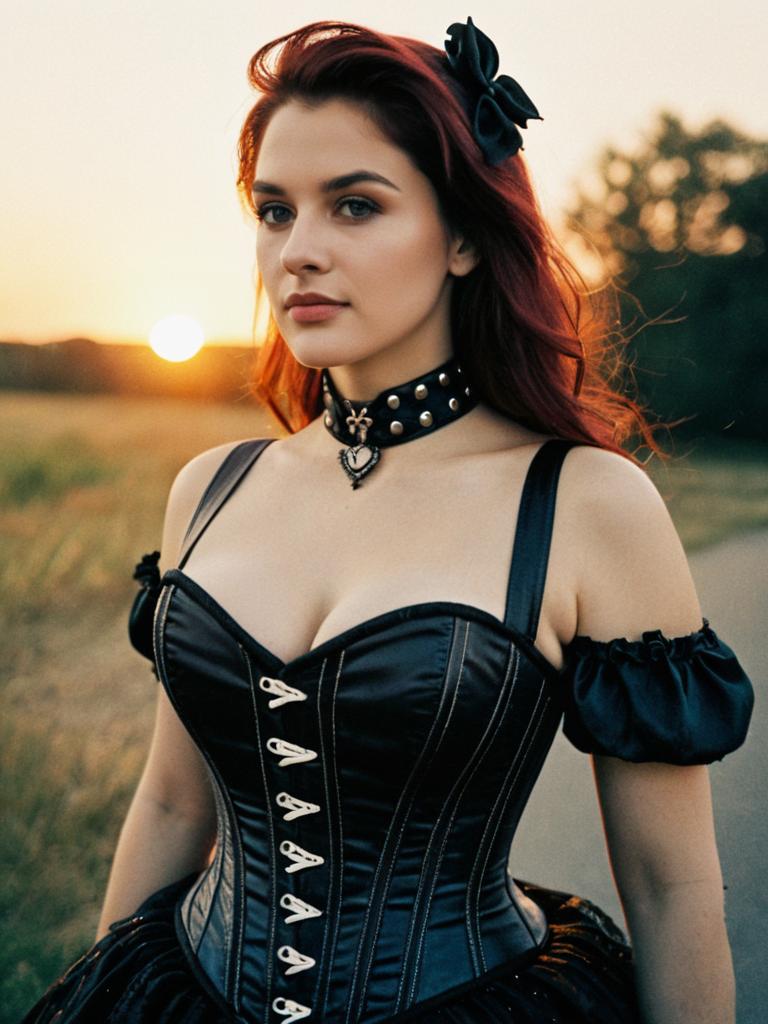Woman in Black Corset Bustier Costume Outdoor Cosplay Portrait at Sunset