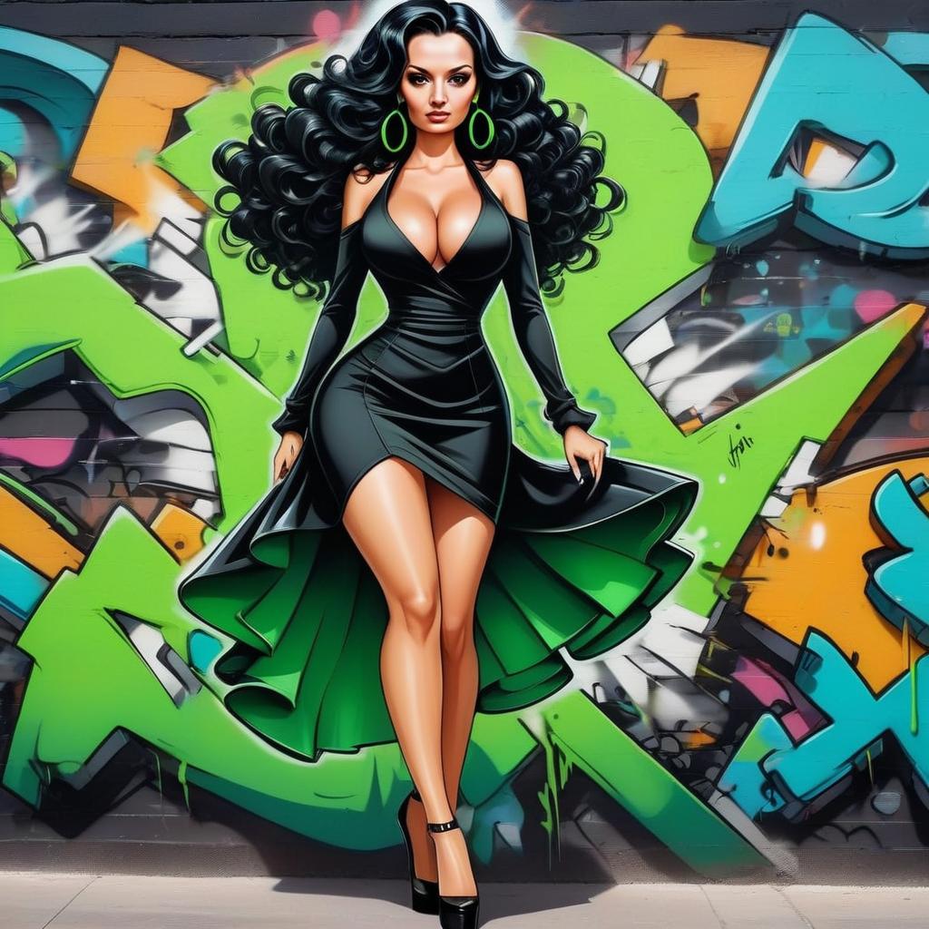 Confident Woman in Black Dress with Graffiti Background Confident Woman in Black Dress with Graffiti Background