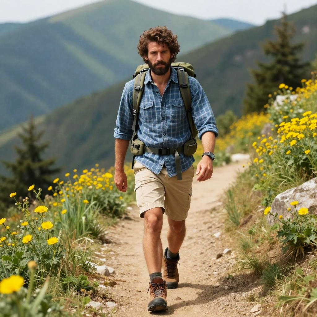 Man Hiking Mountain Trail with Backpack Amid Wildflowers