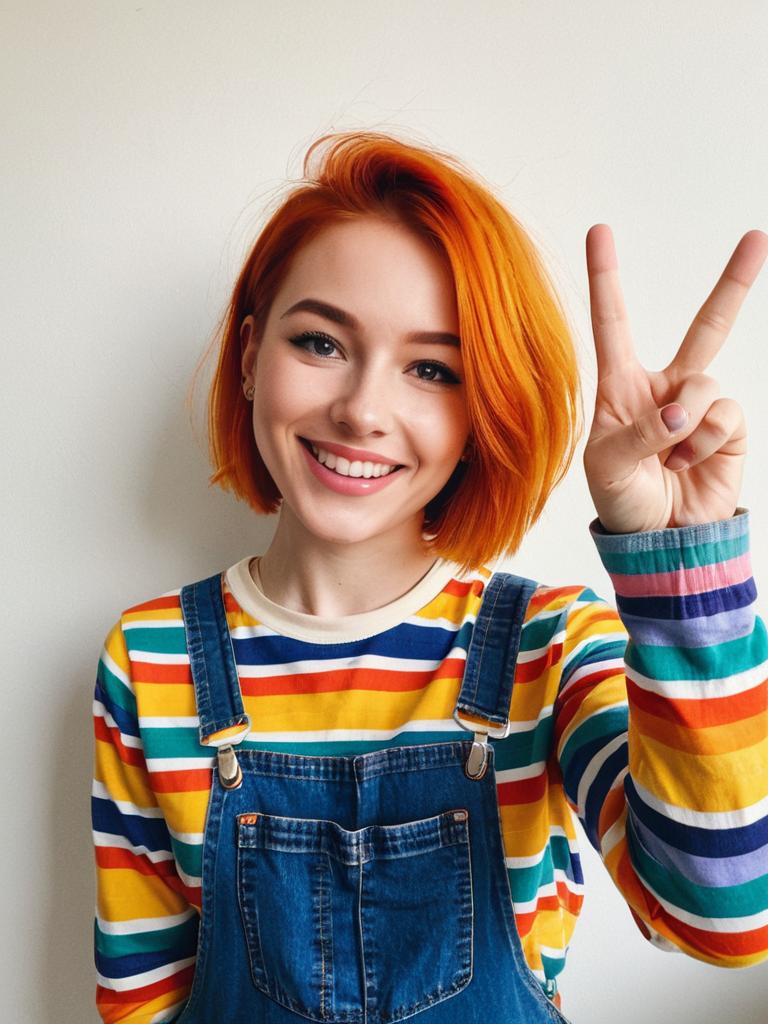 Happy Young Woman with Orange Hair in Colorful Striped Shirt and Denim Overalls Showing Peace Sign