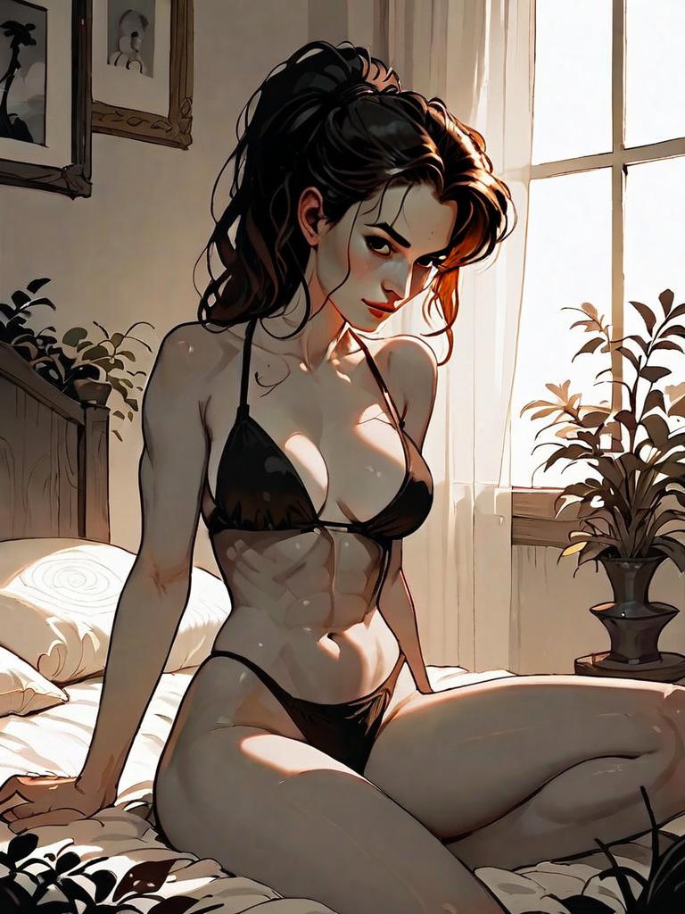 Digital Art of Woman in Black Bikini Sitting on Bed with Window Light