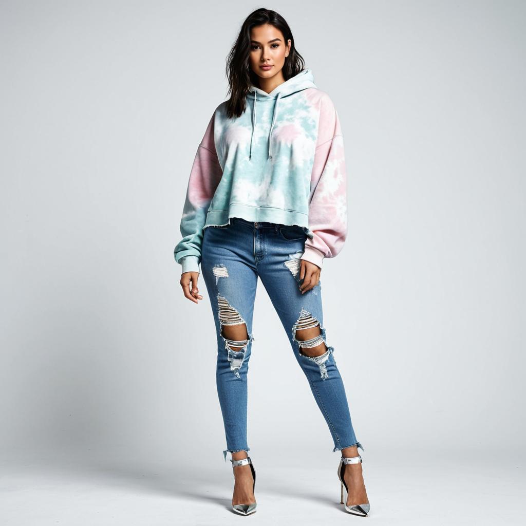 Woman in Tie-Dye Hoodie and Distressed Jeans Fashion Outfit