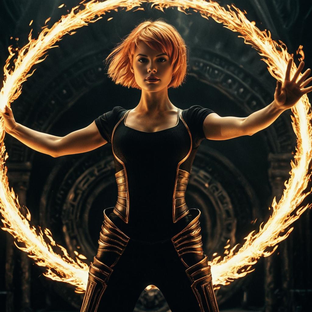Futuristic Woman Conjuring Fire Ring in Fantasy Setting