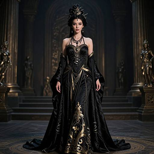 Regal Woman in Black and Gold Baroque Style Gown in Ornate Hall