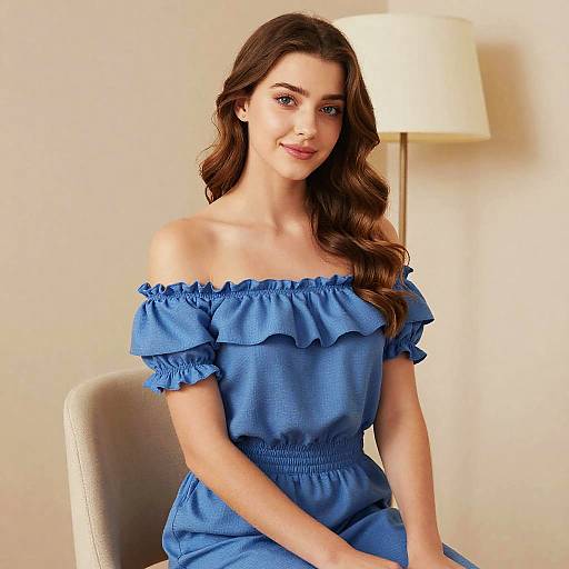 Young Woman in Blue Off-Shoulder Ruffle Dress Sitting Indoors