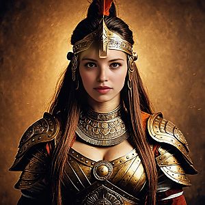 Realistic Portrait of Woman in Ornate Golden Armor and Helmet