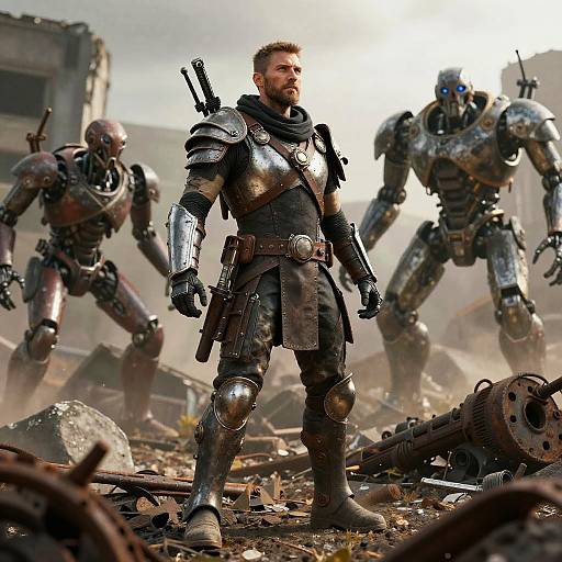 Futuristic Knight with Robots in Post-Apocalyptic Setting