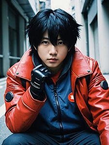 Man Realistic Akira Tsuchiya Cosplay in Red Leather Jacket