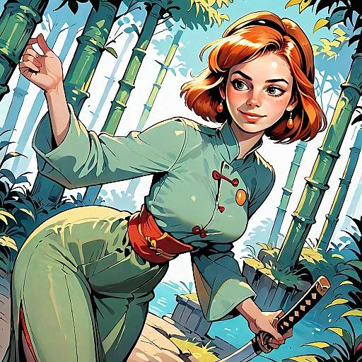 Red-Haired Woman Holding Katana in Bamboo Forest Comic Illustration