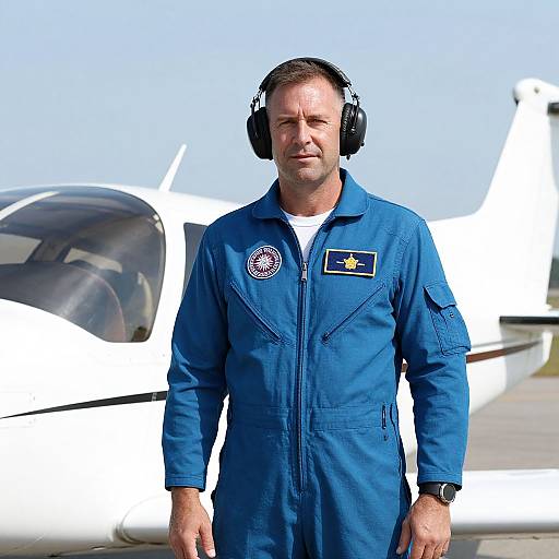 Male Pilot in Blue Flight Suit with Headset Standing by Small White Aircraft