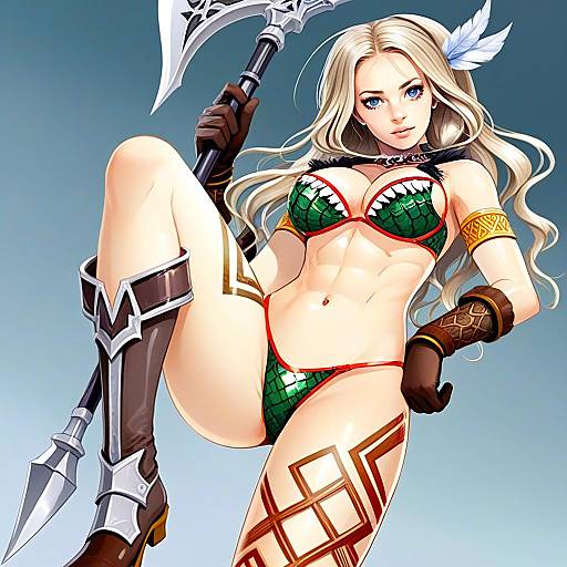 Fantasy Anime Warrior Woman in Green Scale Bikini with Battle Axe