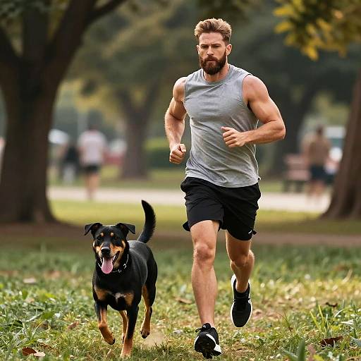 Man Running with Dog in Park - Outdoor Fitness and Active Lifestyle