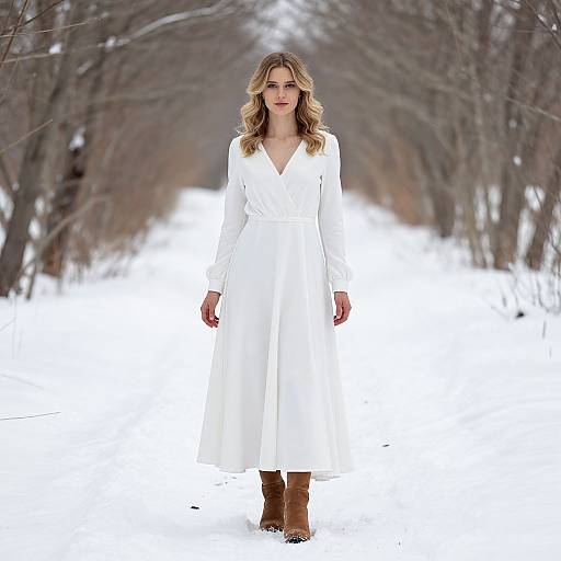 Woman Wearing White Long Dress Walking on Snowy Winter Pathway
