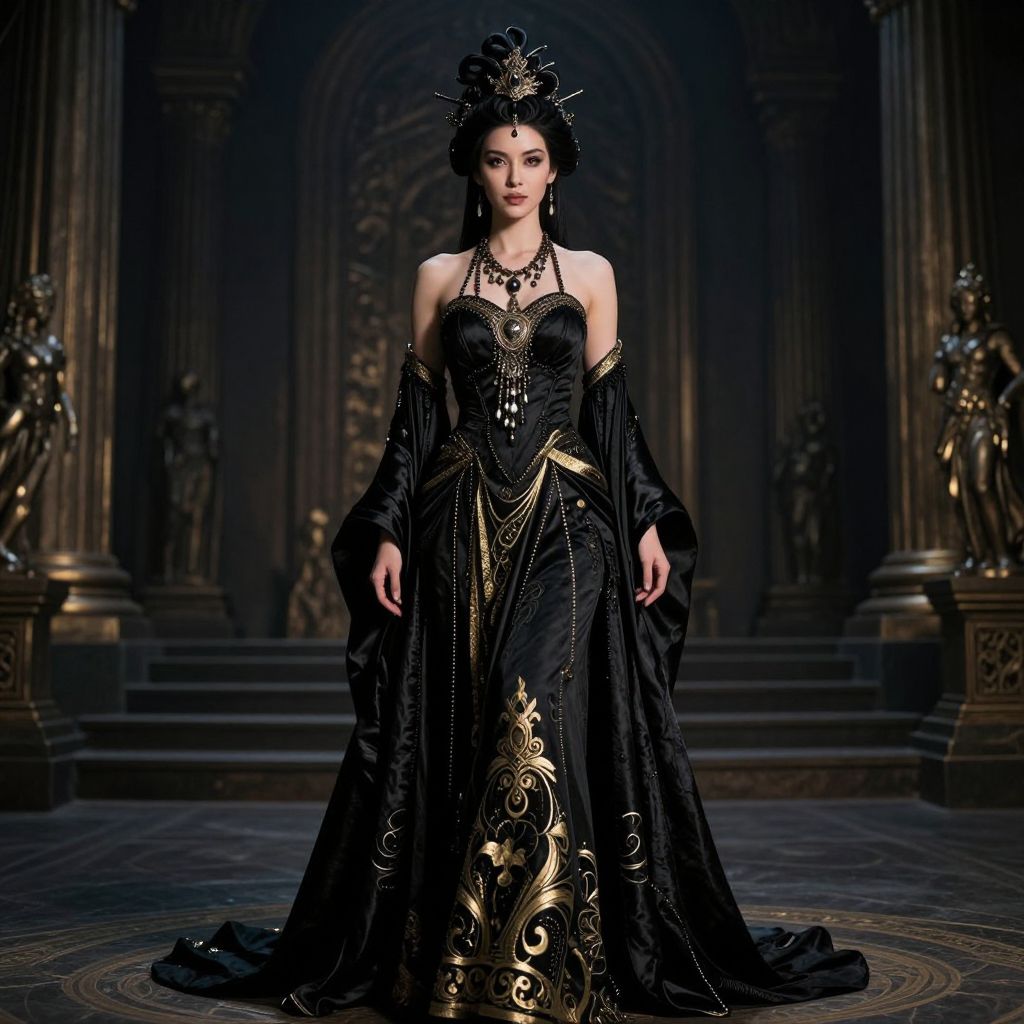Regal Woman in Black and Gold Baroque Style Gown in Ornate Hall