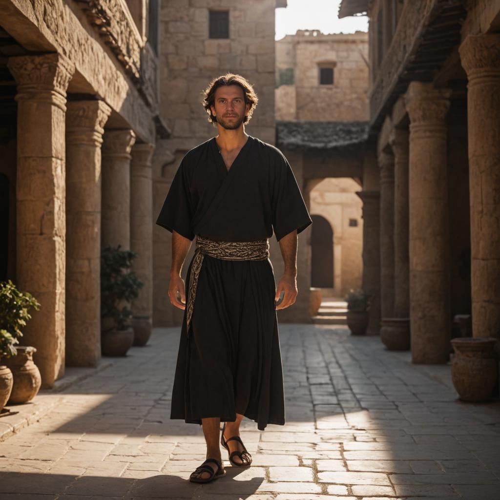 Man in Traditional Attire in Old Stone Corridor